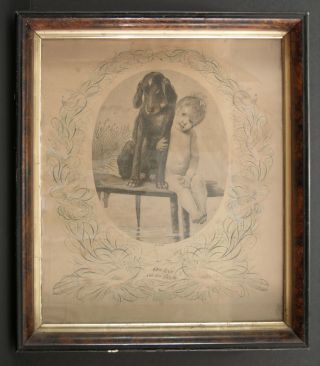 1866 Vintage Penmanship Drawing Print " Our Baby & His Friend " Pub Real Pen - Work