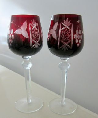 2 Vintage Ruby Red Cut To Clear Wine Glasses