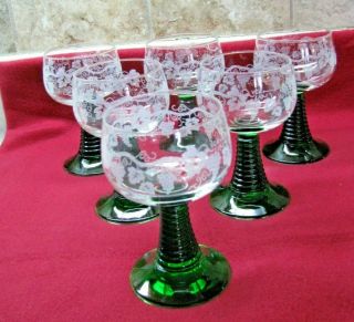 Set Of 6 French Crystal Wine Glasses - Emerald Beehive Stem - Etched Glass Bowl