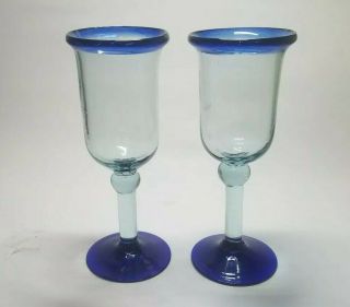 Mexican Blue Rim Wine Glass Glasses Set Of 2 Hand Blown