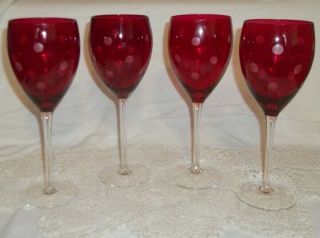 Set Of 4 Stemmed Red Glass Polka Dot Etched Wine Glasses -
