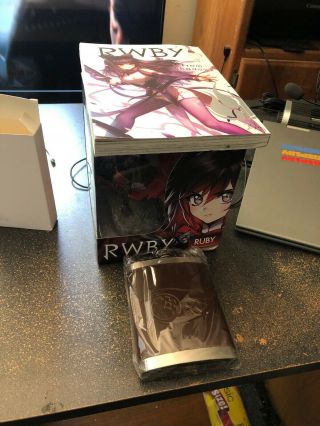 Ruby Rose Figurine From Rooster Teeth & Mcfarlane Plus Qrow’s Flask & Rwby Book