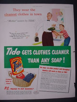 1951 Tide Laundry Soap Cleanest Clothes In Town Dad Work Vintage Print Ad 12266