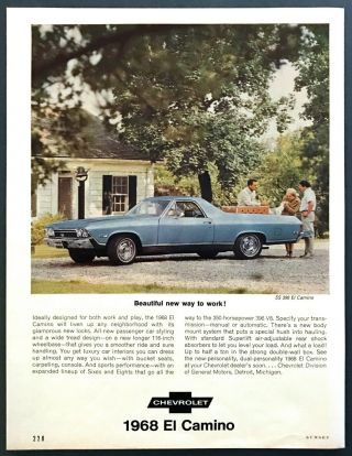 1968 Chevrolet Ss 396 El Camino Pickup Photo Designed For Work & Play Print Ad