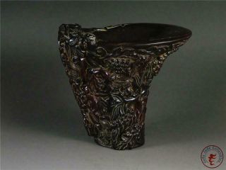 Large Antique Old Chinese Ox Horn Carved Brush Washer Wine Cup Statue Grapes