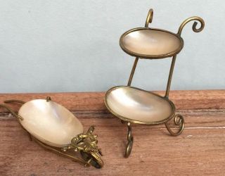 Set Of Antique Real Shell & Filigree Brass (metal) Salt Cellars