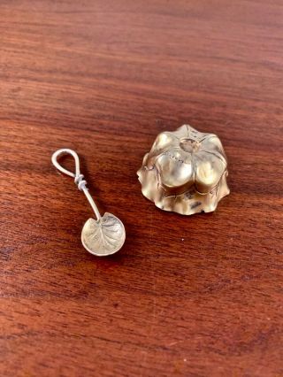 Redlich For Rand & Crane Sterling Silver Gilt Salt Cellar W/ Spoon: Leaf Design