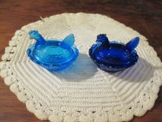 Glass Salt Cellar Hen/chicken On Nest Basket Westmoreland Cobalt Teal Blue