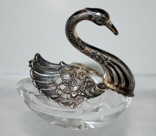 Vintage Sterling Silver & Crystal Swan Salt Celllar.