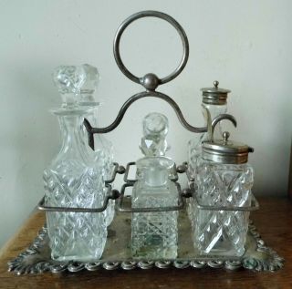 Antique Vintage Sheffield Silver Plated Cruet Set 6 Cut Glass Bottles Ball Feet