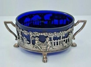 Vtg/antique Sterling Silver W/ Blue Cobalt Insert Footed W/ Handles Salt Cellar