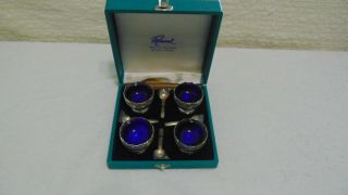 Raimond Cobalt Blue Glass Wt Silverplate Holder & Mini Spoons Salt Cellars
