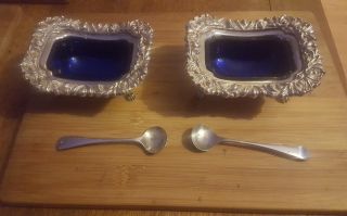 2 Antique Lion Head Paw Feet Silver Plate On Copper Salt Cellar