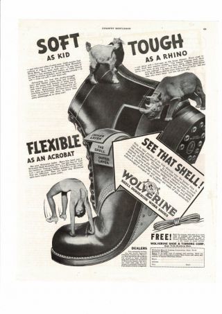 Vintage 1936 Wolverine Work Shoes Boots Horsehide Acrobat Kid Rhino Ad Print