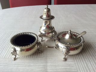 Silver Plated Three Piece Cruet Set Lions Head Claw Feet