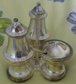 Vintage Boxed Ianthe Silver Plated Condiment Cruet Set Salt Pepper Mustard