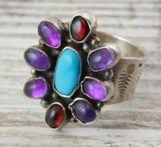 Vtg Old Pawn Sterling Silver Stamp Band Turquoise Amethyst Garnet Navajo Ring