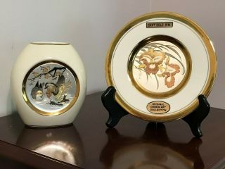 Chokin Bud Vase & Plate On Stand,  Birds & Orchid,  24k Gold