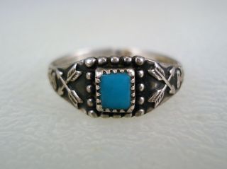 Old Fred Harvey Era Stamped Sterling Silver & Turquoise Crossed Arrows Ring Sz 7
