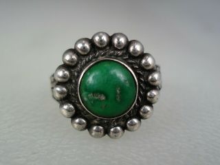 Old Fred Harvey Era Stamped Sterling Silver & Green Turquoise Cluster Ring Sz 8