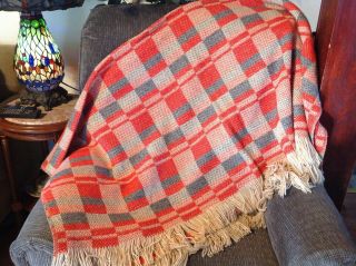 Vintage Pendleton Woven Wool Throw Stadium Blanket Fringe Tan Red Blue White Usa