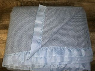 Waffle Blanket Vtg Satin Edge Blue 66 " X 86 " Twin/full Acrylic Made In Usa