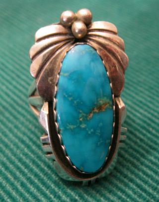 Vintage Sterling Silver Nevada Turquoise Navajo Ring Size: 8 Hand Stamped