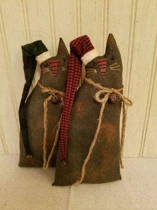 Primitive Grungy Set Of Two Black Kitty Cat Christmas Shelf Sitter Dolls
