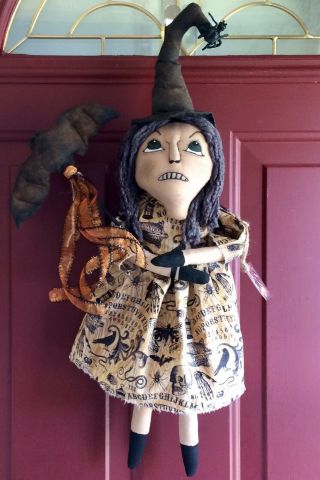 Primitive Halloween Witch Doll With Black Bat And Spider Hanging Shelf Sitter
