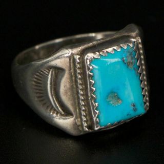 Vtg Sterling Silver - Navajo Signed Turquoise Stone Stamped Ring Size 9 - 7.  5g