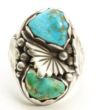 Vintage Navajo Sterling Silver Large Old Pawn Stamped Blue Green Turquoise Ring