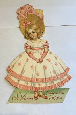 Victorian Die Cut Valentine Card - Raphael Tuck - Girl In Pink - Bonnet
