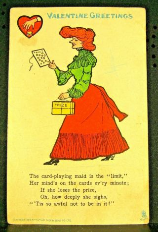1908 Posted Penny Dreadful Raphael Tuck & Sons Valentine Pc,  " Card Playing Maid "