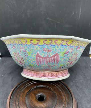 Antique Large Antique Chinese Turquoise Ground Octagon Footed Bowl 1
