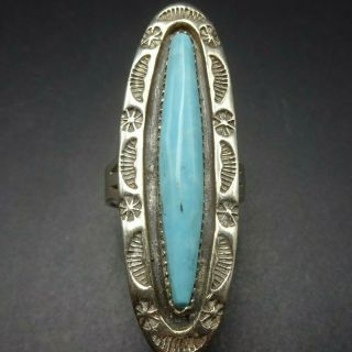 Vintage Navajo Hand Stamped Sterling Silver & Long Blue Turquoise Ring Size 9.  25