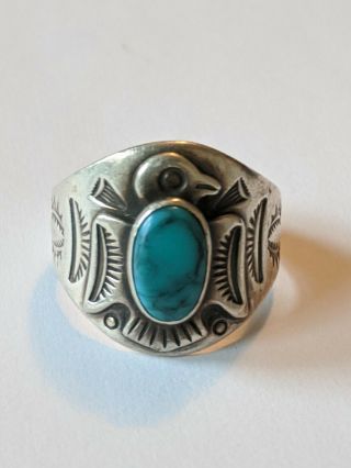 Vintage Navajo Bell Sterling Turquoise Stamped Thunderbird Ring Size 9