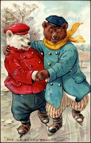 Raphael Tuck " Little Bears " Anthropomorphic Ice Skating Bears Postcard C.  1908
