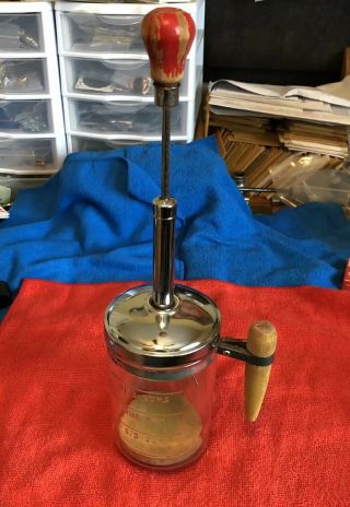 Vintage Atlas Food Nut Glass Jar Measuring Chopper Red Metal Top Wooden Knob