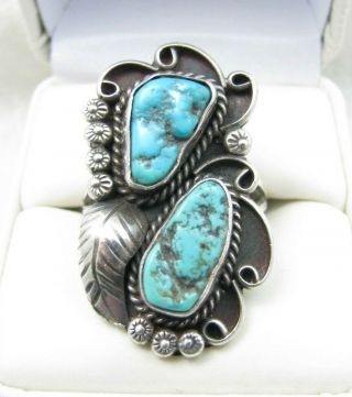 Vintage Navajo Turquoise Leaf Design Stamped Band 1 3/8 " Sterling Ring Sz 10.  5