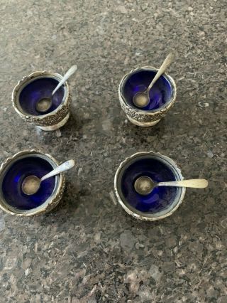 F B Rogers Vintage Salt Cellars - Cobalt Blue Glass - Silver Plate With Spoons.