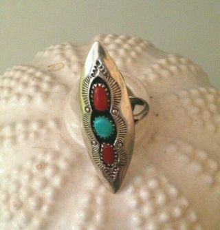 Vtg Shadowbox Navajo Coral Turquoise Ring Sterling Silver 925 Stamped Signed S