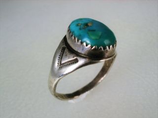 Old Navajo File Stamped Sterling Silver & Blue Green Turquoise Ring Sz 8